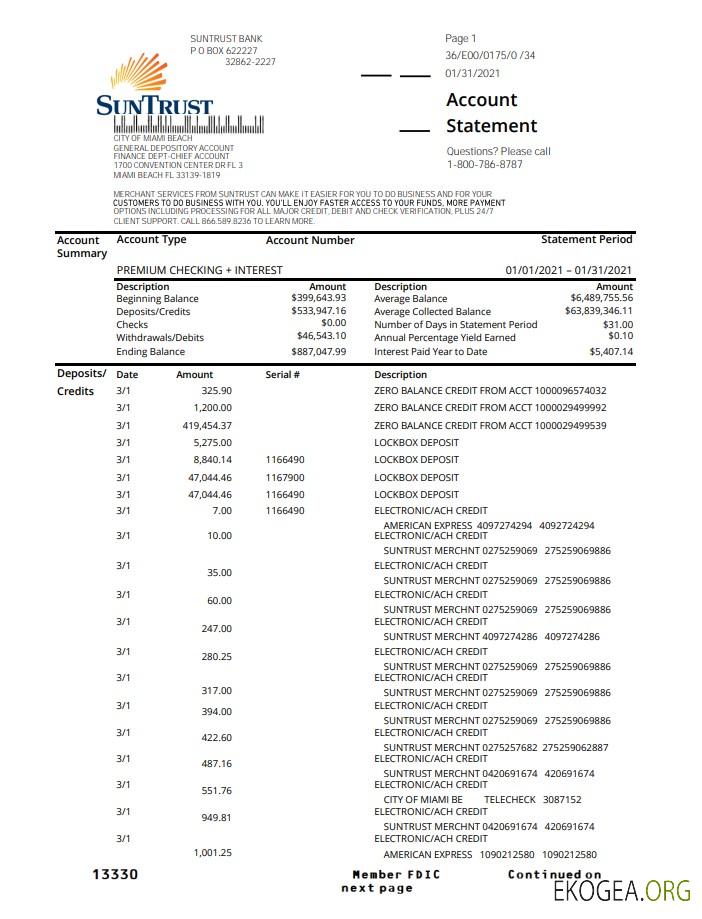 Modèle de justificatif de domicile de la banque SunTrust aux États Unis au format .xls et .pdf